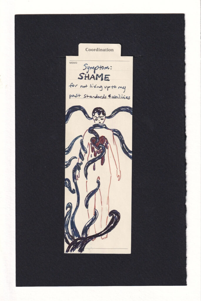 the figure is being invaded by tentacle-like dark creepiness. Two pierce the ears, one wraps the beck then curls down to puncture the hear. Another wraps up the leg and punctures the heart again. The heard is dripping ooze. The figure's face is contorted and looking inward.