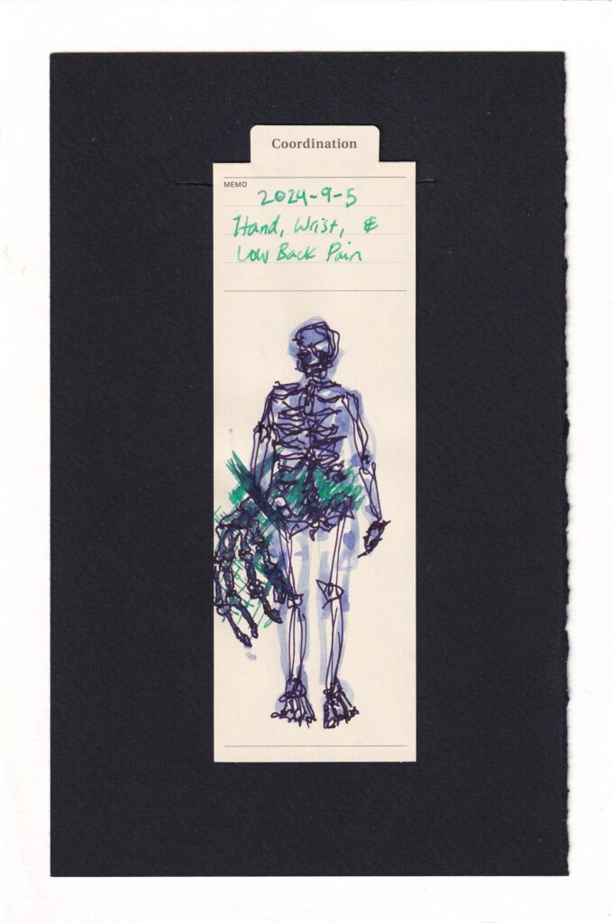 Jagged purple ink skeleton drawn over the lavender shaded body of the figure on the bookmark. The right hand is exaggerated and oversized, twice to three times the size of the head. it is scribbled over with turquoise ink in Xs. The lower back is also filled in with turquoise.