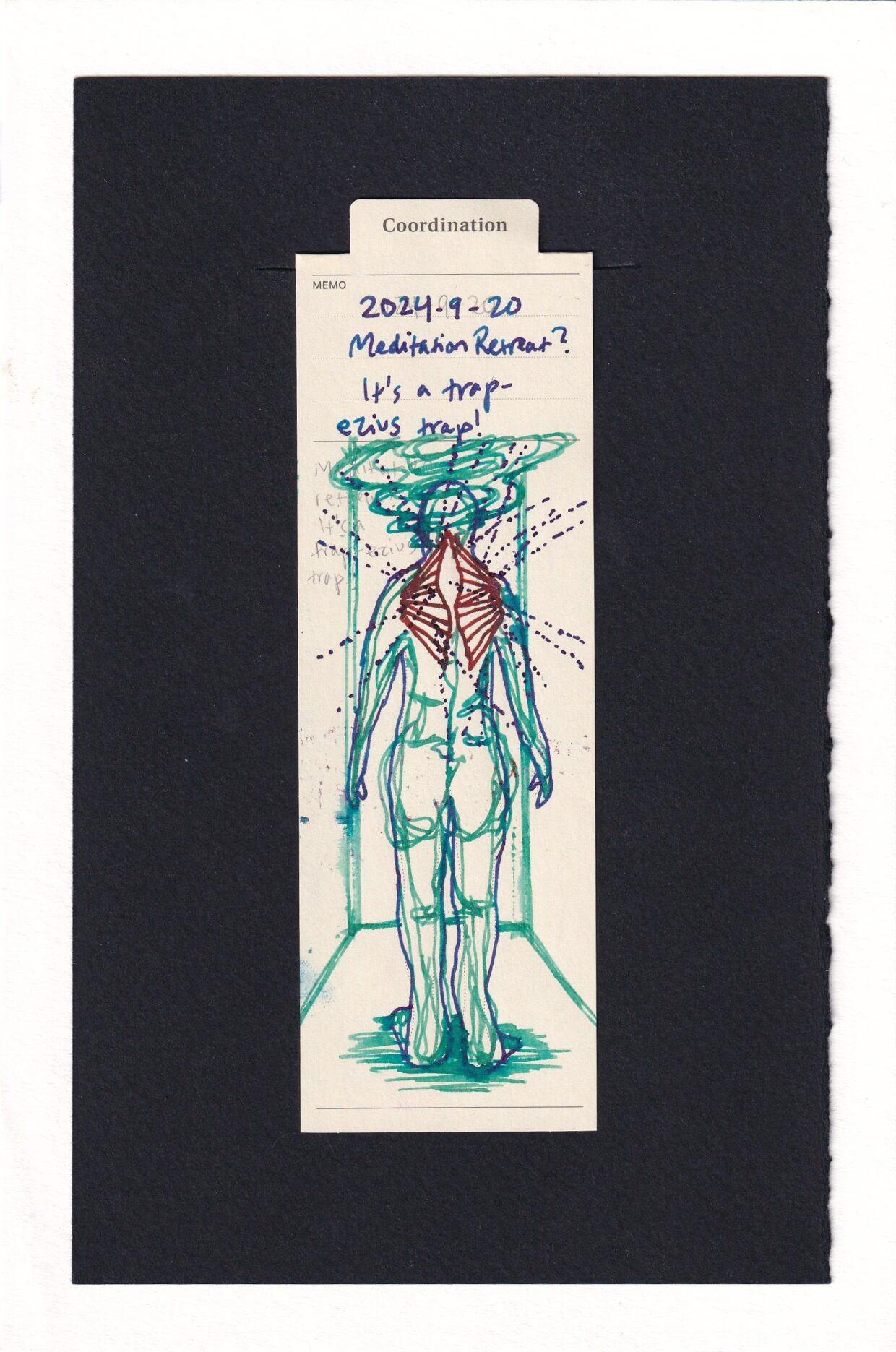 the figure faces away from us. Their trapeziuses are drawn in red. the rest of the body is seafoam green and pale blue. Swirls radiate out from the head of the figure. The trapeziuses are intersected by dotted lines jutting out at angles. The figure is in a hallway looking away, standing slightly askance.