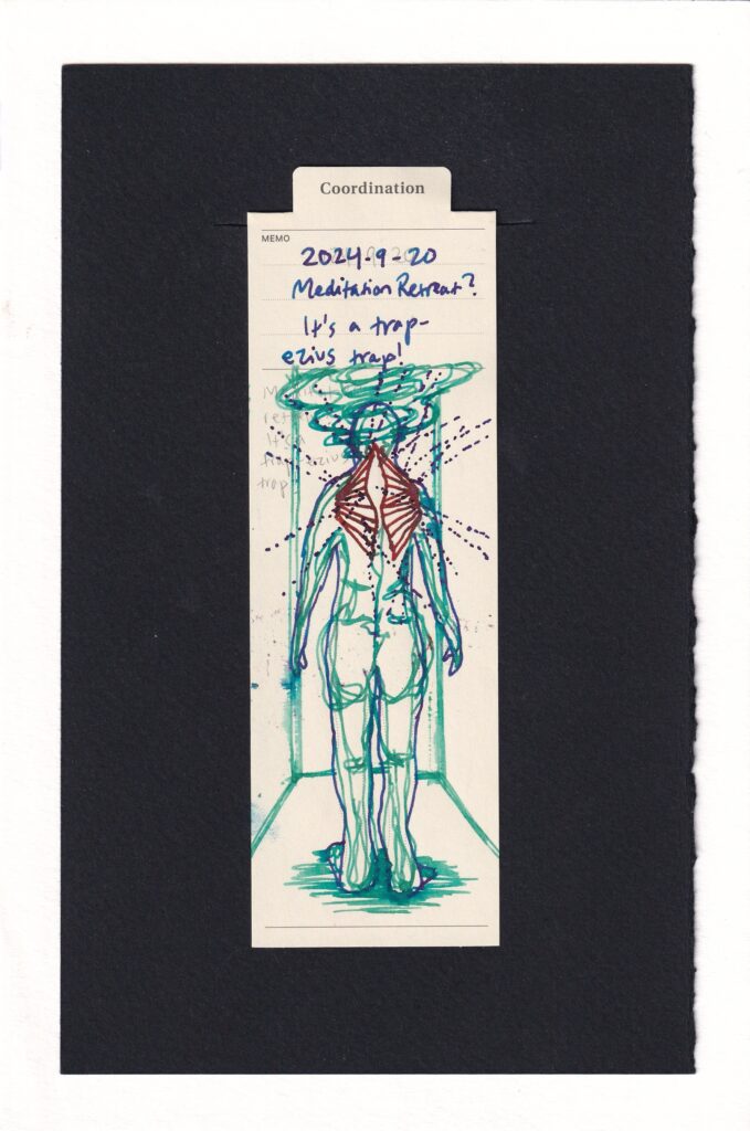 the figure faces away from us. Their trapeziuses are drawn in red. the rest of the body is seafoam green and pale blue. Swirls radiate out from the head of the figure. The trapeziuses are intersected by dotted lines jutting out at angles. The figure is in a hallway looking away, standing slightly askance.