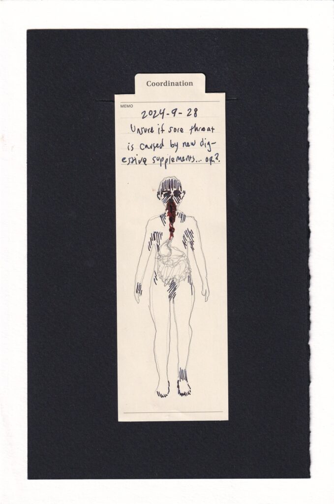 The figure's mouth and throat are horrifying and dark, deep red, bleeding through and puncturing the paper. The digestive tract is drawn in pensil, as is the outline of the figure. Dark blue/black ink puts hatches on the cheeks, forehead, armpits, hips, thumb, groin, ears, and foot bottoms. The eyes are dark and sunken.