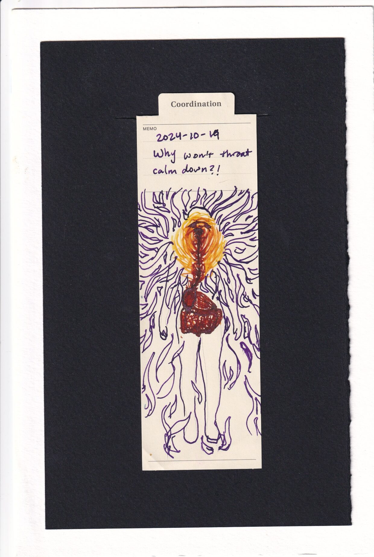 red digestive tract is surrounded in the throat and lower face by repetitive yellow gold ink lines pulsating outward, blending with the red ink. a discomforted face is hidden in the radiating lines. From there, blue-purple ink fills the bookmark, radiating outward, covering up the world around the figure.