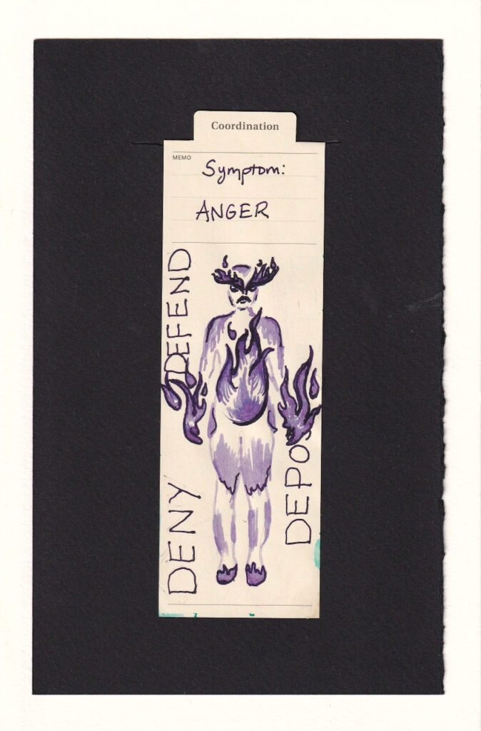 The figure is aflame in purple. their stomach contains a large flame, that licks up their chest. Their fists and eyebrows are also aflame, edged in dark boysenberry purple. Other areas of the body are shaded in lavender. Large text written on its side reads DENY DEFEND DEPOSE