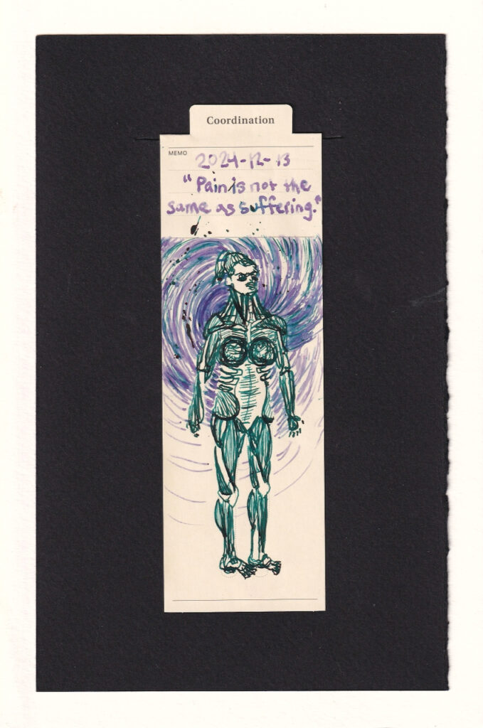 the body is muscles and fat and ligaments in many layers of detailed teal ink. behind them radiates an asymmetrical swirling vortex of lavender and blue-green, with splatters of teal ink. 