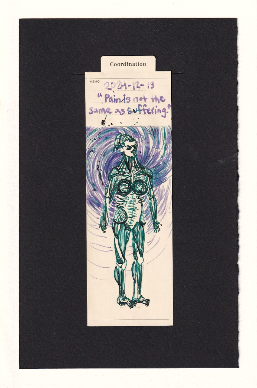 the body is muscles and fat and ligaments in many layers of detailed teal ink. behind them radiates an asymmetrical swirling vortex of lavender and blue-green, with splatters of teal ink.