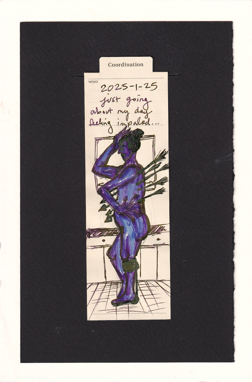 a figure in profile shot through with 5 arrows. one hand clutches their side, the other is pressed to their forehad. an exosym mobility device is on their left leg. theyir body is rendered in purple and blues, and the arrows, mobility aid, and hair are dark black-brown ink with green sheen. a tile floow and counter and window are visible behind them, an ordinary scene juxtaposed with the arrows piercing all the way thru the skin