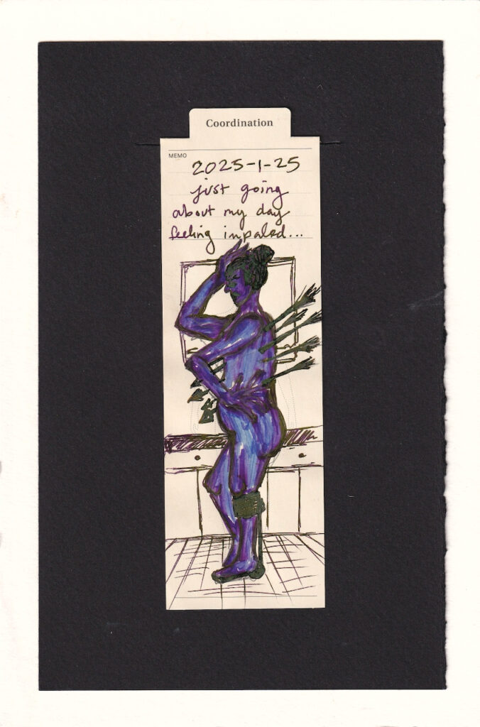 a figure in profile shot through with 5 arrows. one hand clutches their side, the other is pressed to their forehad. an exosym mobility device is on their left leg. theyir body is rendered in purple and blues, and the arrows, mobility aid, and hair are dark black-brown ink with green sheen. a tile floow and counter and window are visible behind them, an ordinary scene juxtaposed with the arrows piercing all the way thru the skin