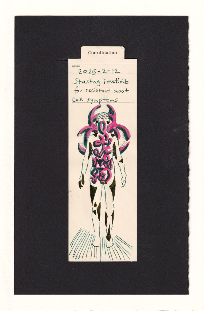 the figure on the manila bookmark has bright pink and teal-edged abstract siwlrs and angles filling their abdomen, and rising up into their face. Behind them, in the same pink with teal perspective edging is a biohazard symbol, arranged so the top circle is like a halo to the figure, and the two lower circles are like wings. Their body also has dark dark yellow (so dark it's almost black) angled shapes around the body in different areas, especially joints. These ground and contrast the vibrant biohazard within and without the figure. 