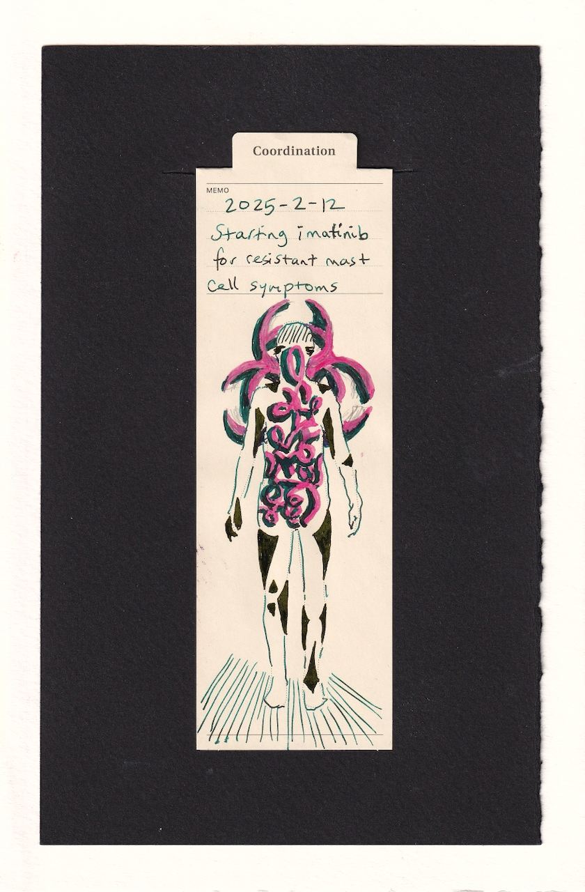 the figure on the manila bookmark has bright pink and teal-edged abstract siwlrs and angles filling their abdomen, and rising up into their face. Behind them, in the same pink with teal perspective edging is a biohazard symbol, arranged so the top circle is like a halo to the figure, and the two lower circles are like wings. Their body also has dark dark yellow (so dark it's almost black) angled shapes around the body in different areas, especially joints. These ground and contrast the vibrant biohazard within and without the figure.