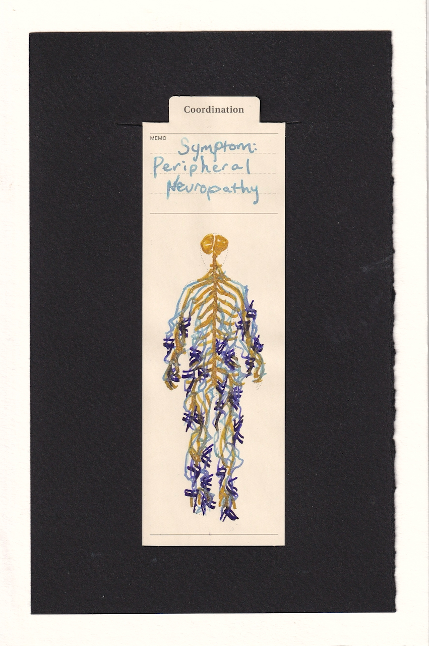 The figure's brain and nerves branching out thru the body are rendered in shimmering gold ink. Underneath that are many layers of light bright blue electrical signals, zig-zagging upward to their nerves. As the nerves get further from the brain, they are met by dark purple angles, pinching together and attacking the nerves and body. There are a half dozen in the arms, and in the lower abdomen, the legs have closer to a dozen each. The angles in these sites evoke almost butterflies, fleas, or some other attacking insect. The memo section at the top of the bookmark says in the light blue electricity ink the caption.