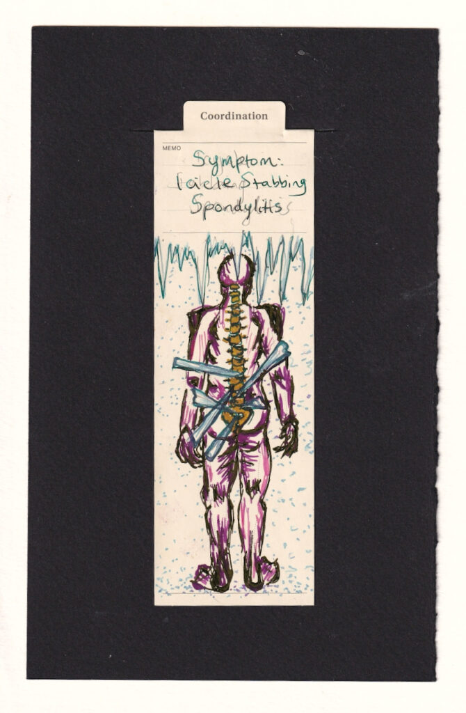 the figure's back is to us on a manila bookmark. their body is mostly purple and magenta, angular with intentionally scribbly shading. Their spine is visible, in gold shimmering ink and outlined in thin teal. There are 6 icicles stabbed into the spine between the bones, criss-crossing each other and not symmetrically organized. At the top of the paper are more icicles, and snow falls around the figure. 