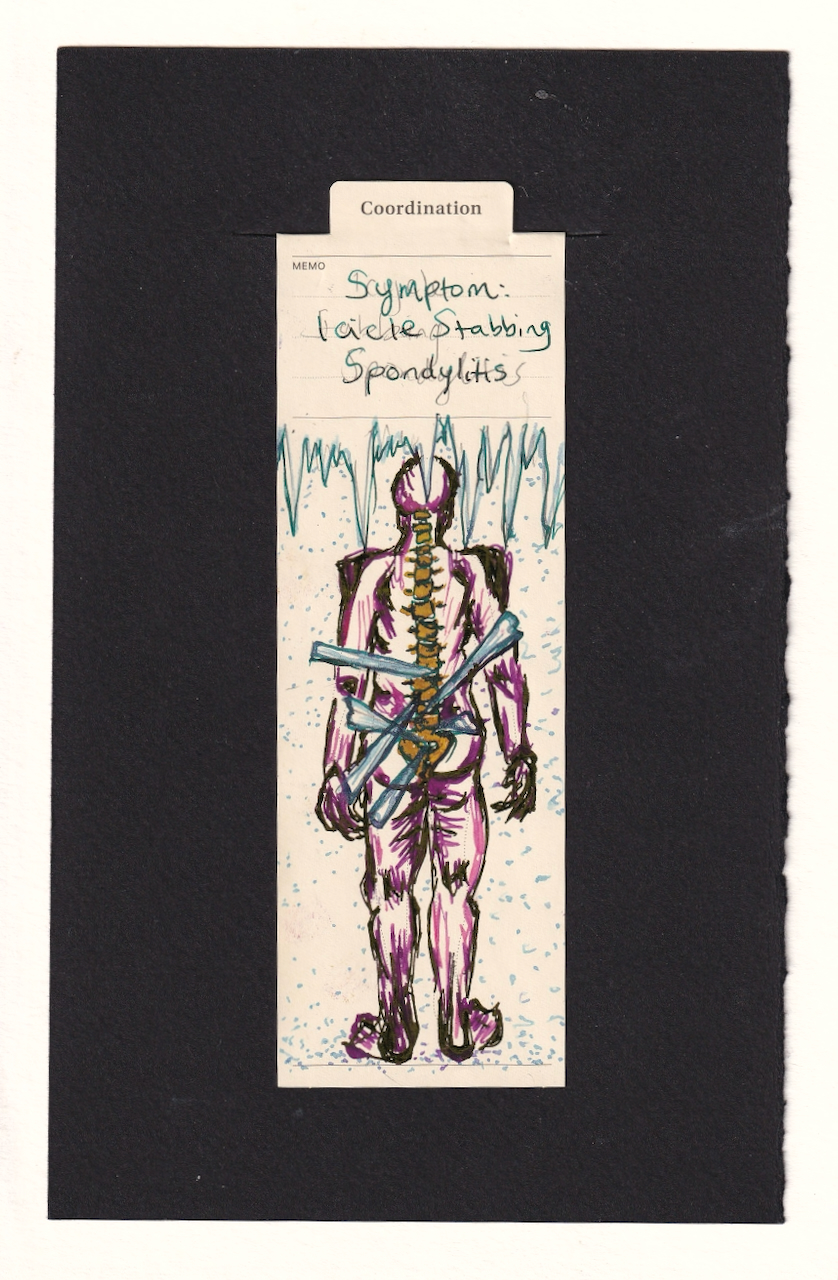 the figure's back is to us on a manila bookmark. their body is mostly purple and magenta, angular with intentionally scribbly shading. Their spine is visible, in gold shimmering ink and outlined in thin teal. There are 6 icicles stabbed into the spine between the bones, criss-crossing each other and not symmetrically organized. At the top of the paper are more icicles, and snow falls around the figure.